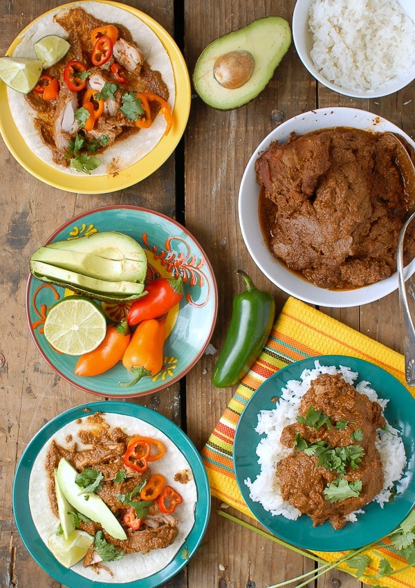 Slow Cooker Mole Chicken Thighs with tortillas. , avocado lime