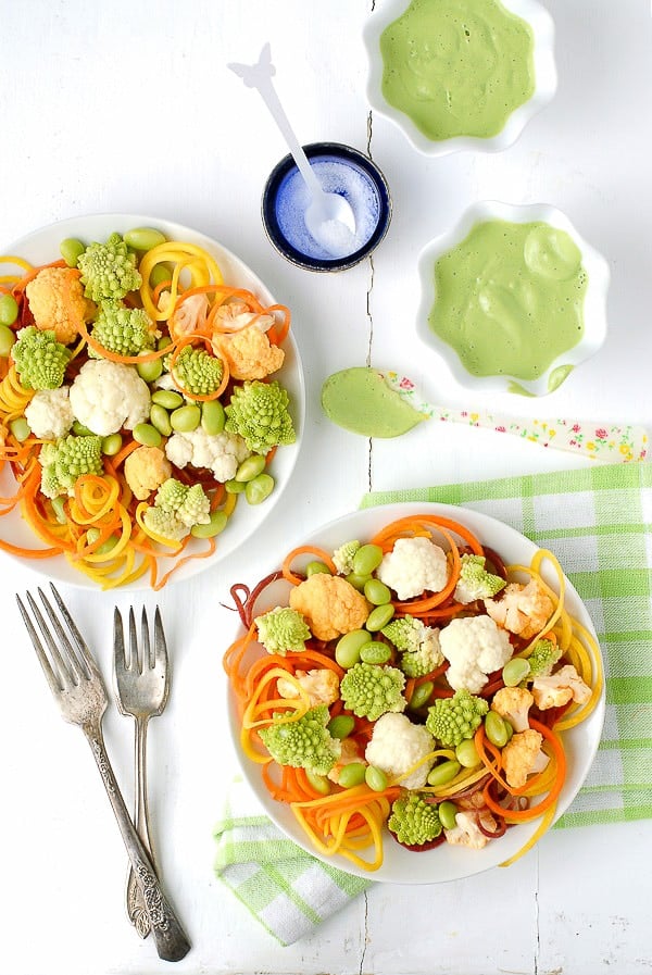 Spiralized Carrot Salad with Romanesco Cauliflower Edamame and Buttermilk Green Goddess Dressing