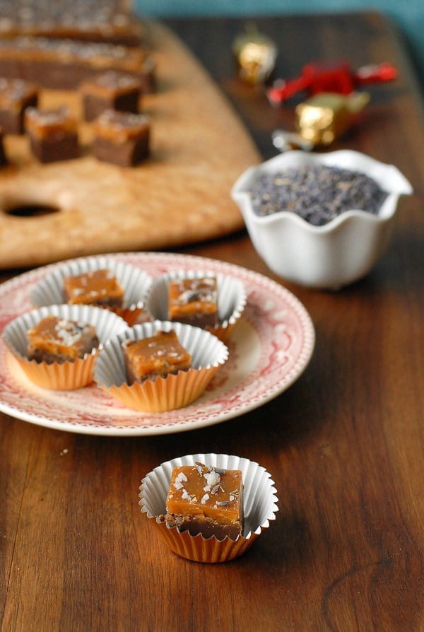 Chocolate Lavender Fudge with Salted Caramel Top pieces n foil cups