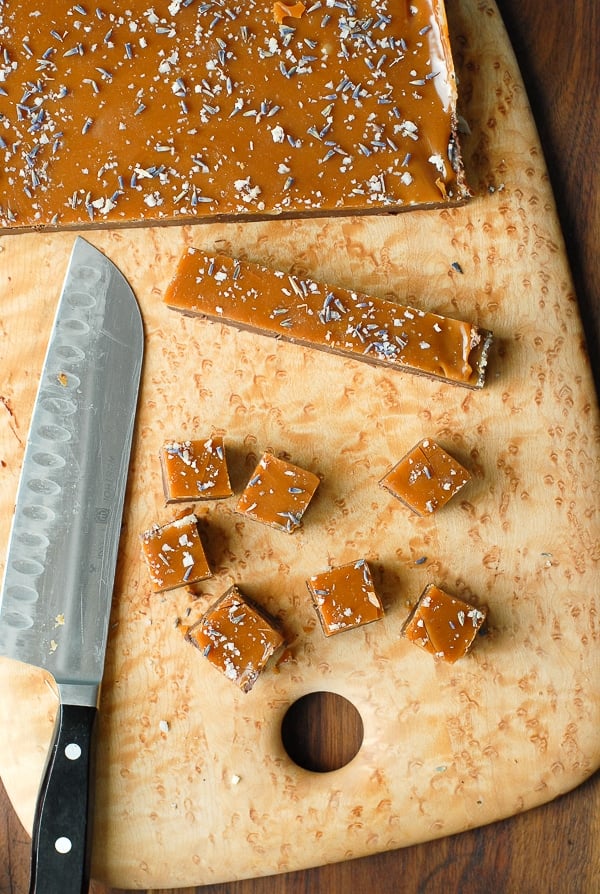 Chocolate Lavender Fudge with Salted Caramel Top slicing