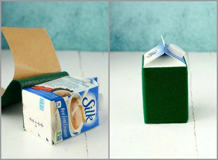 DIY Milk Carton Holiday Houses Adhering felt to milk carton for house color