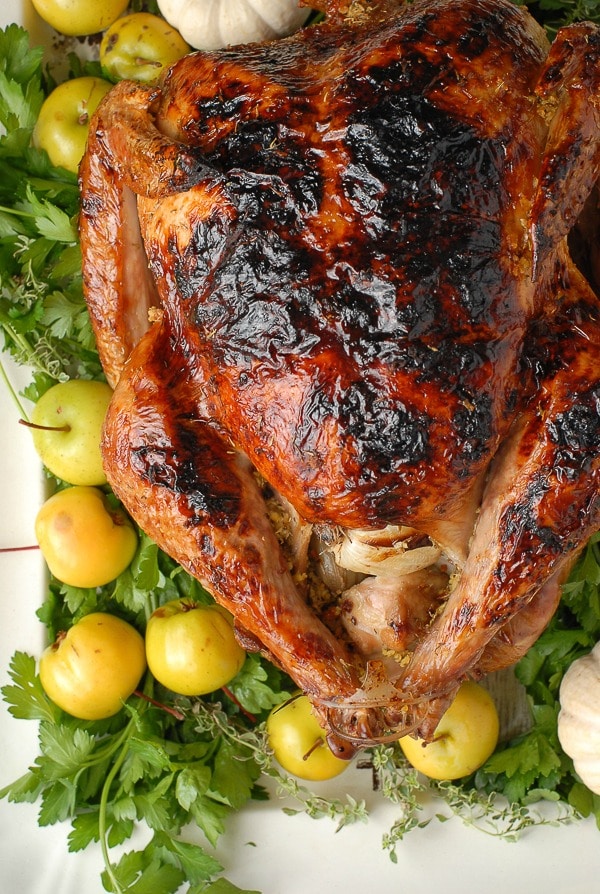 brined roasted turkey on platter