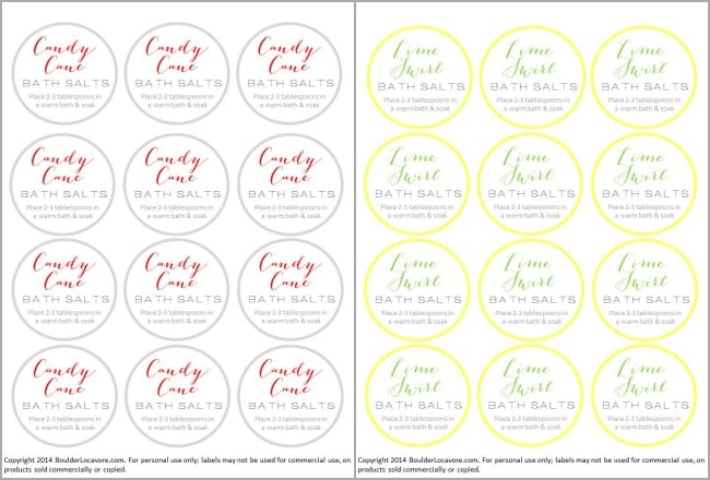 Sample of Candy Cane and Lime Swirl Bath Salts free printable labels