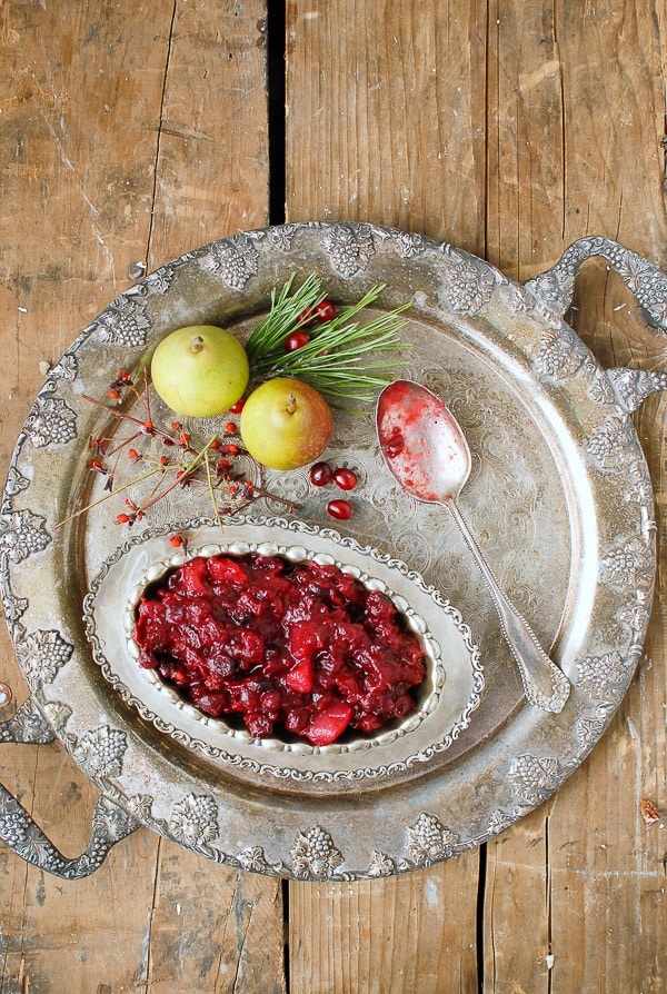 Slow Cooker Cranberry-Pear Sauce with Ginger in a silver bowl