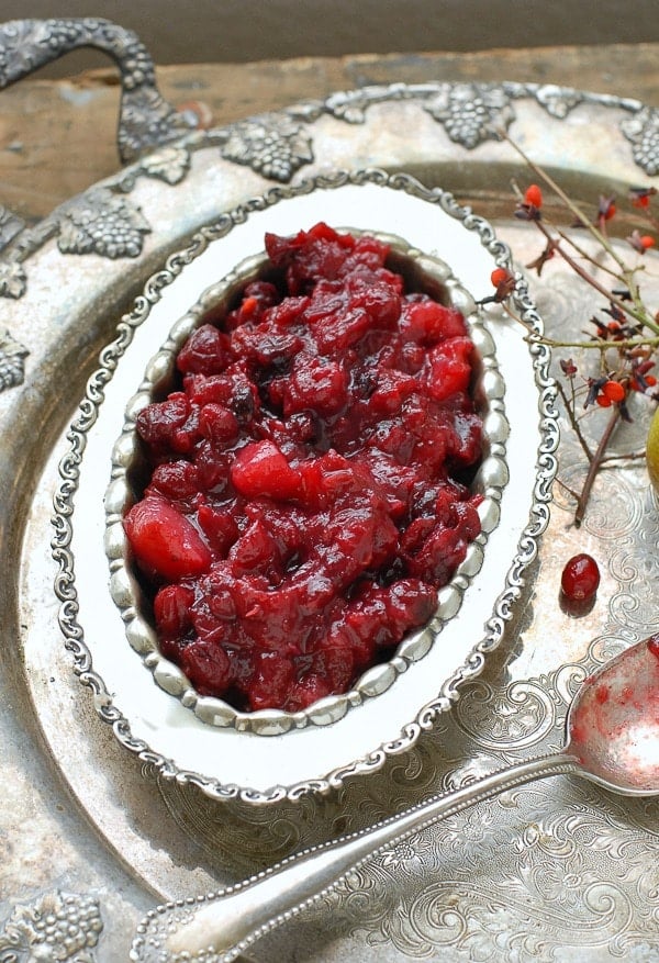 Slow Cooker Cranberry-Pear Sauce with Ginger with antique bowl