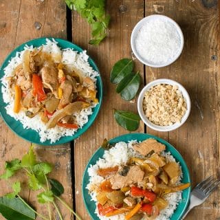 Slow Cooker Thai Red Chicken Curry with Coconut Milk on blue plates