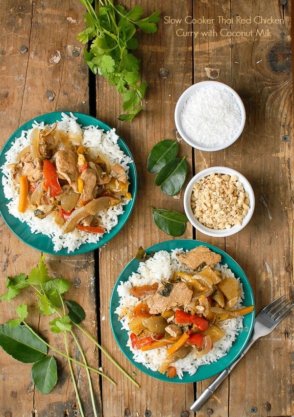  Slow Cooker Thai Red Chicken Curry with Coconut Milk on blue plates