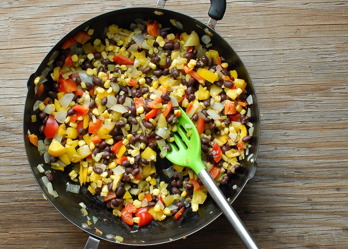 Southwestern Turkey Shepherd\'s Pie vegetables in skillet