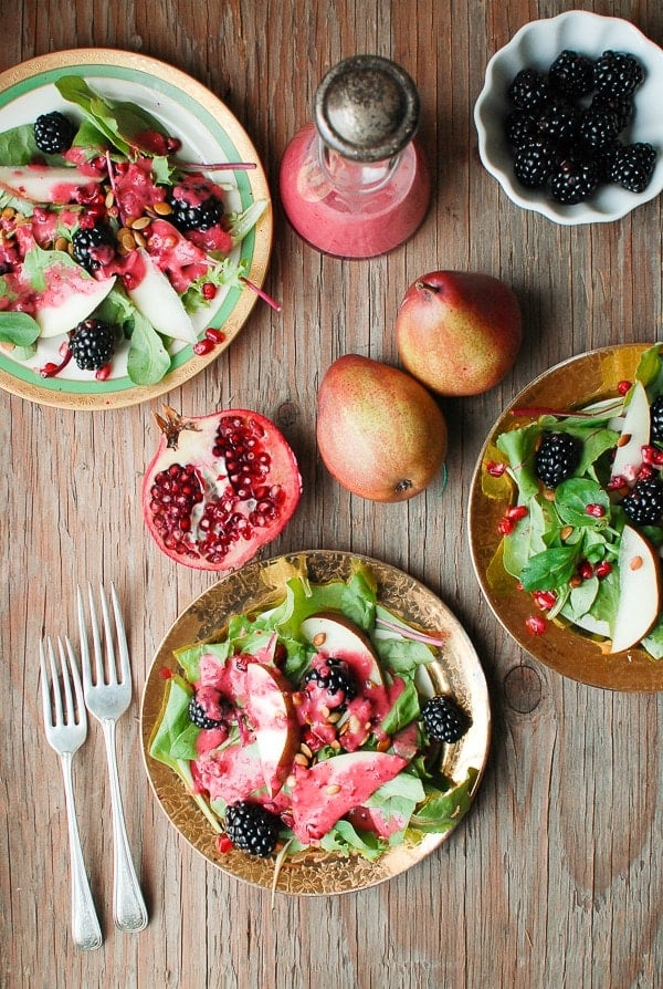 Warm Cranberry Honey Dressing with Winter Salad, fresh pears and blackberries