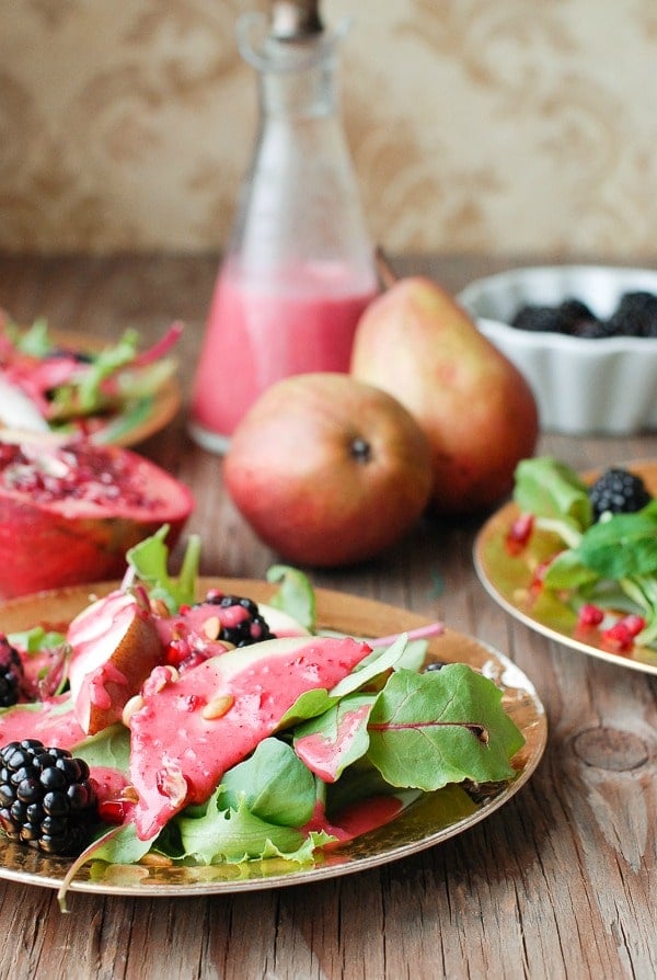 Warm Cranberry Honey Dressing with Winter Salad side view