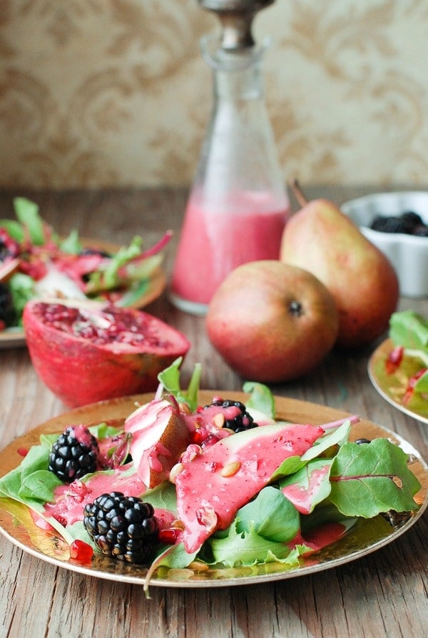 Winter Salad with pear slices, blackberries and Warm Cranberry Honey Dressing