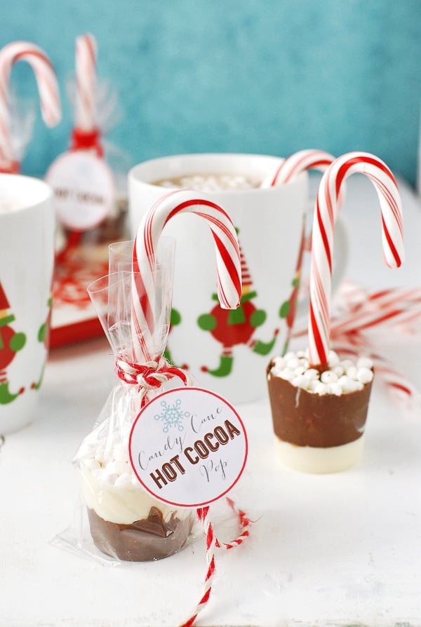 Candy Cane Hot Cocoa Pops wrapped with gift tags