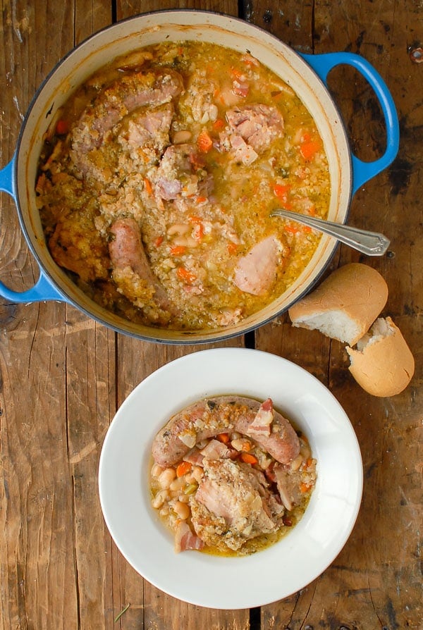 Shortcut French Cassoulet in a French oven and white bowl
