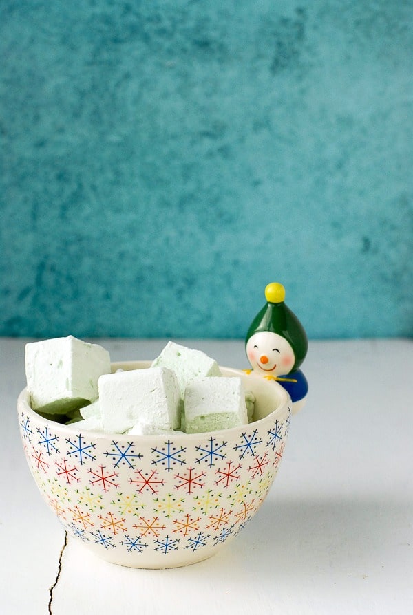 Creme de Menthe Marshmallows in snowman bowl