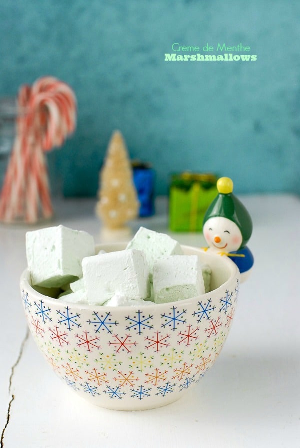 Creme de Menthe Marshmallows in snowman bowl