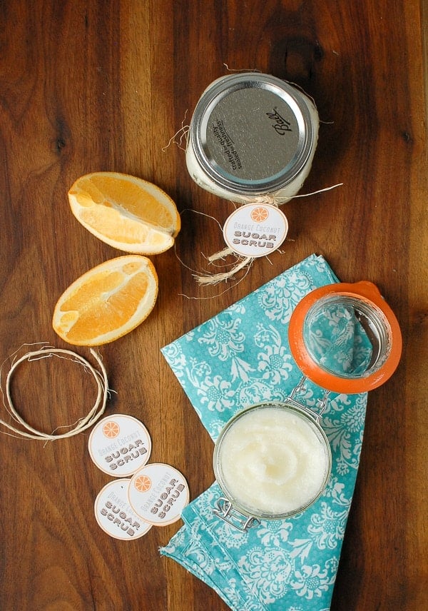 Homemade Orange Coconut Oil Sugar Scrub with tags and twine