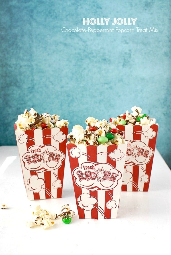 Chocolate-Peppermint Popcorn Treat Mix in popcorn boxes