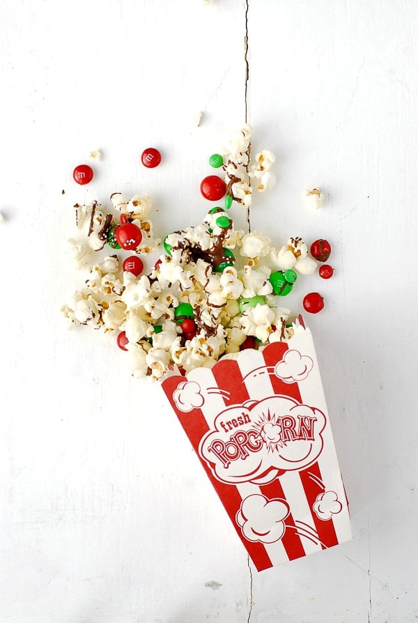 Chocolate-Peppermint Popcorn Treat Mix spilled on countertop