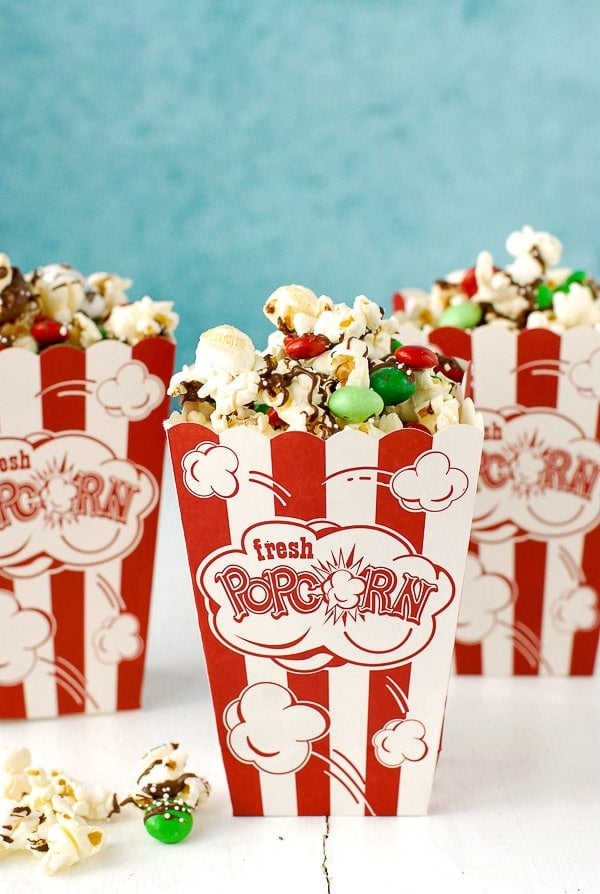 close up of Holly Jolly Chocolate-Peppermint Popcorn Treat Mix