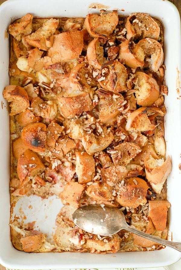 Overnight Strawberry-Eggnog French Toast Breakfast Casserole in a baking pan