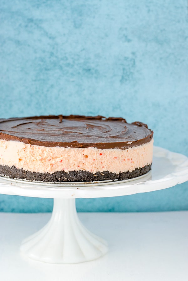 Ice Cream Cake with Peppermint Candy Cane ice cream filling and chocolate ganache on cake pedestal