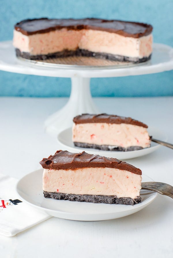 Slice of Peppermint Candy Cane Ice Cream Cake on a plate