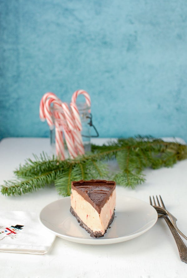 Ice cream cake slice on white plate with candy canes and evergreen bough in background