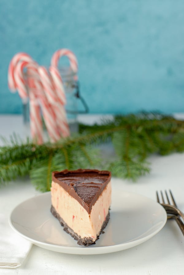 Ice cream cake slice on white plate with forks, candy canes and evergreen bough in background