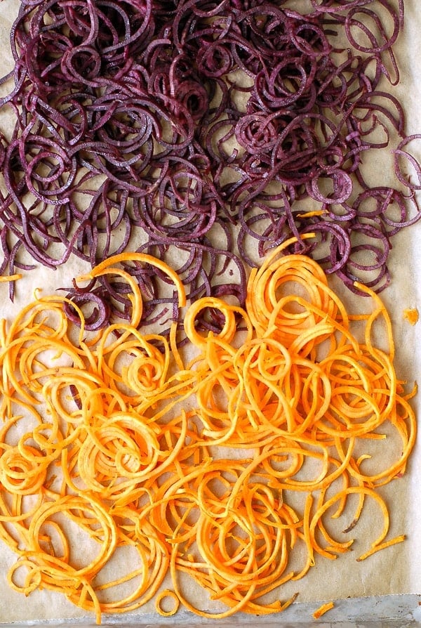 Spiralized Roasted Orange and Purple Sweet Potato Noodles