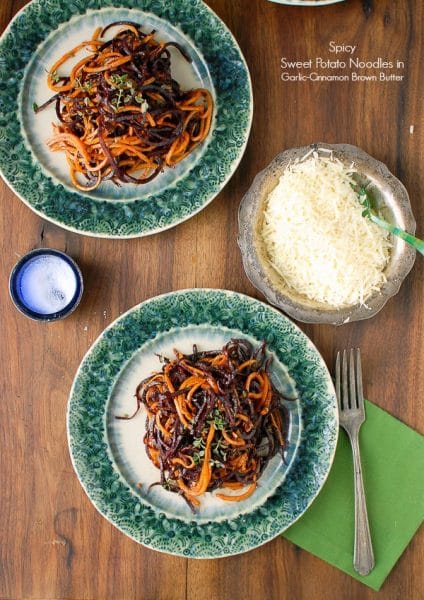 Spiralized Roasted Spicy Sweet Potato Noodles in Garlic Cinnamon Brown Butter