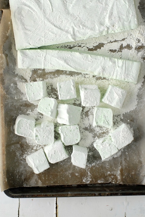 Creme de Menthe Marshmallows on cooking sheet  from above