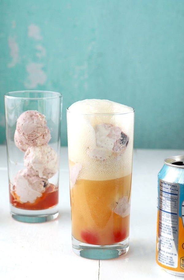 Bourbon Orange Soda Cherry-Vanilla Ice Cream Floats with fizz from the soda