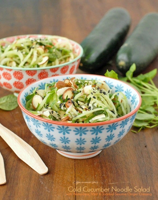 Serving of Cold Cucumber Noodle Salad with Watercress, Mint and Toasted Sesame-Ginger Dressing in an Asian bowl