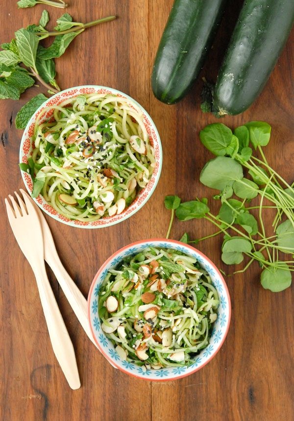 Healthy, refreshing Cold Cucumber Noodle Salad with Watercress, Mint and Toasted Sesame-Ginger Dressing