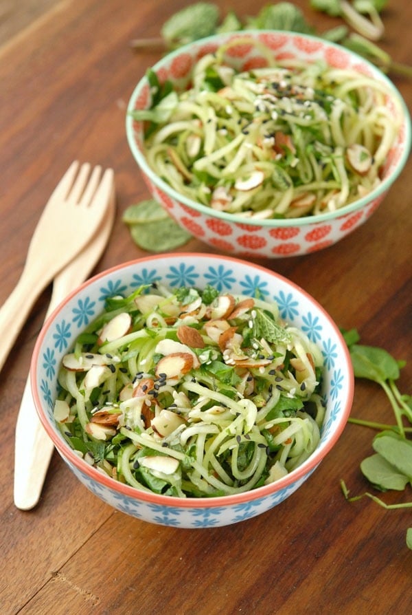 Cold Cucumber Noodle Salad with Watercress, Mint and Toasted Sesame-Ginger Dressing and Almonds