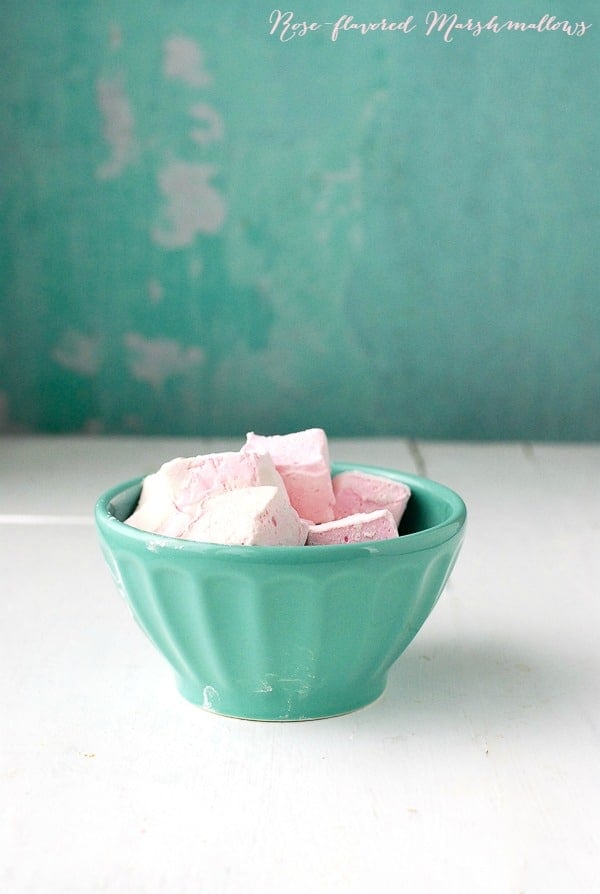  Rose flavored Marshmallows in blue bowl