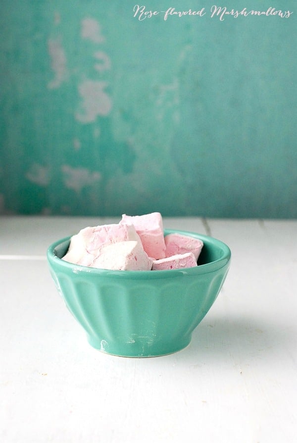 Rose flavored Marshmallows in blue bowl