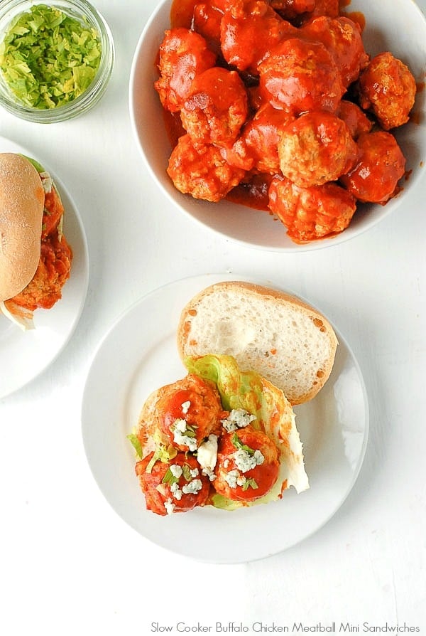 Slow Cooker Buffalo Chicken Meatball Mini Sandwiches on a white plate