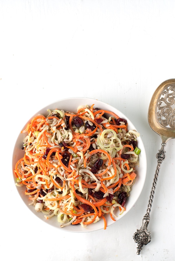 Spiralizer Broccoli Stems -Carrot Slaw with Dried Cranberries and Sunflower Seeds