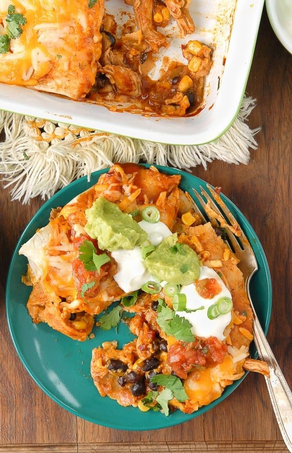 blue plate of Chipotle Green Chile Chicken and Black Bean Enchiladas 