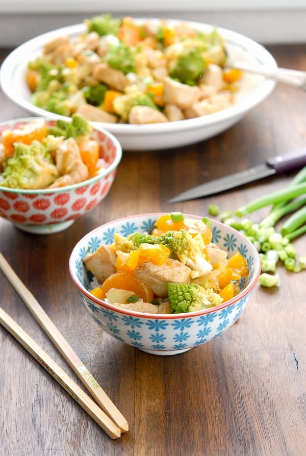 Orange Chicken - Romanesco Stir Fry in bowls