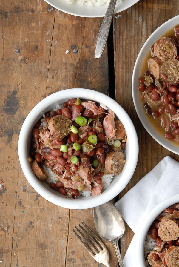 Slow Cooker Louisiana Red Beans and Rice in a white bowl
