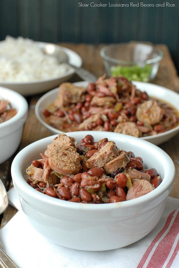 Slow Cooker Louisiana Red Beans and Rice in white bowls