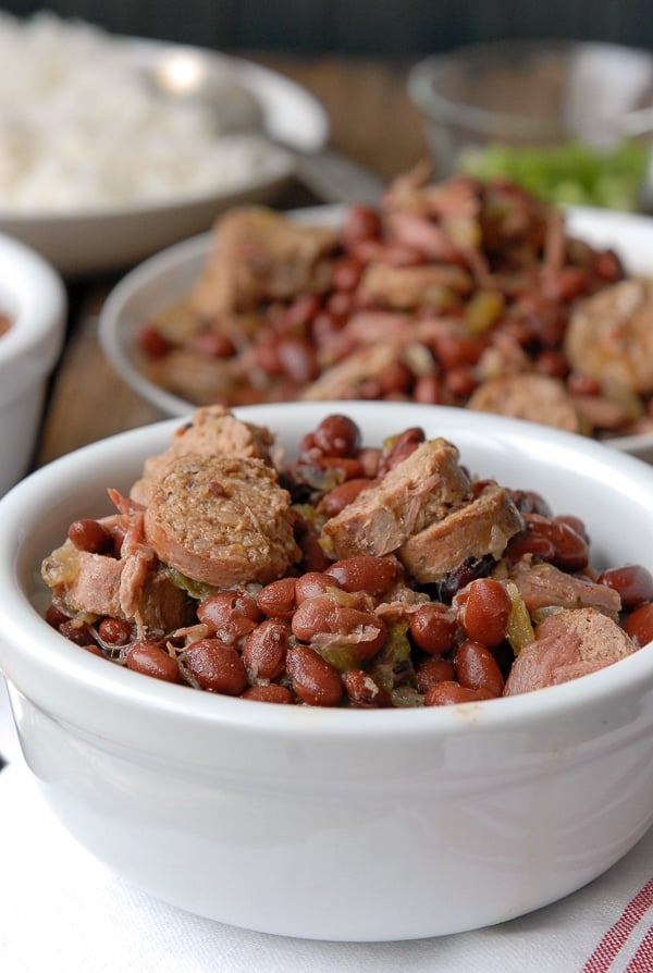 Slow Cooker Louisiana Red Beans and Rice in a white bowl
