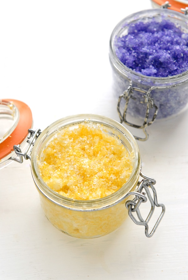 Flower-scented Coconut Oil Sugar Scrub  yellow and purple