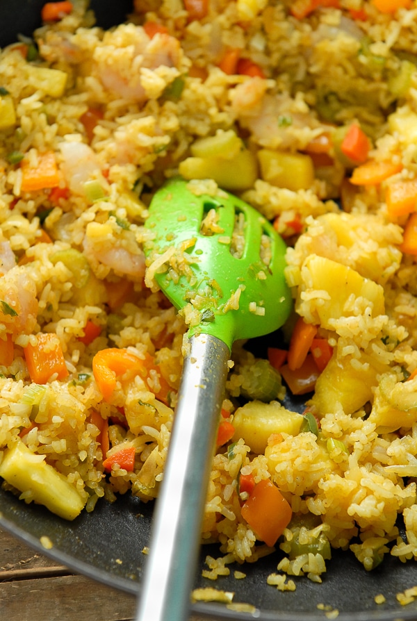 Spicy Pineapple Shrimp Fried Rice in skillet