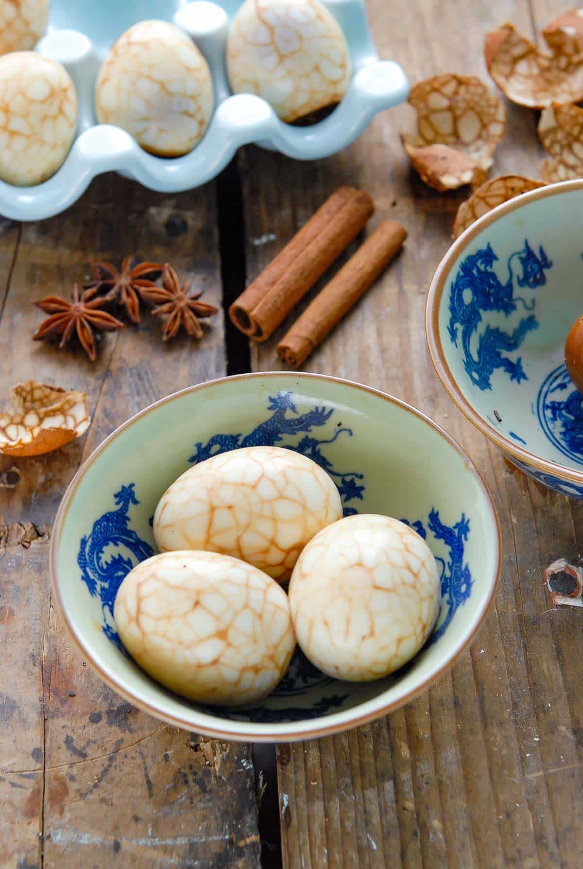 chinese tea eggs in asian bowl