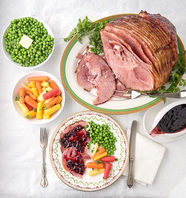 Cherry Chipotle Glazed Ham with fresh vegetables