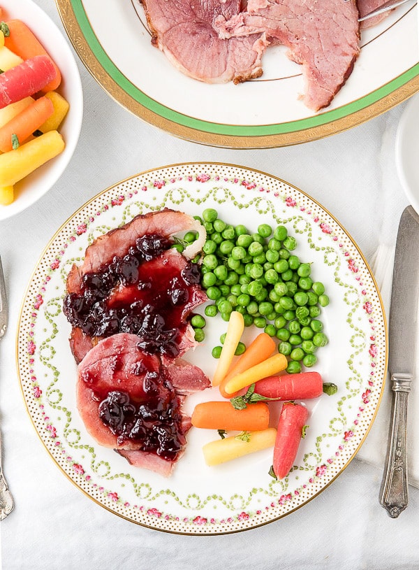 Cherry Chipotle Glazed Ham with vegetables