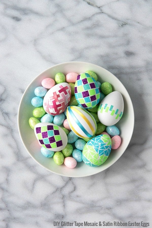 DIY Glitter Tape Mosaic and Satin Ribbon Easter Eggs 